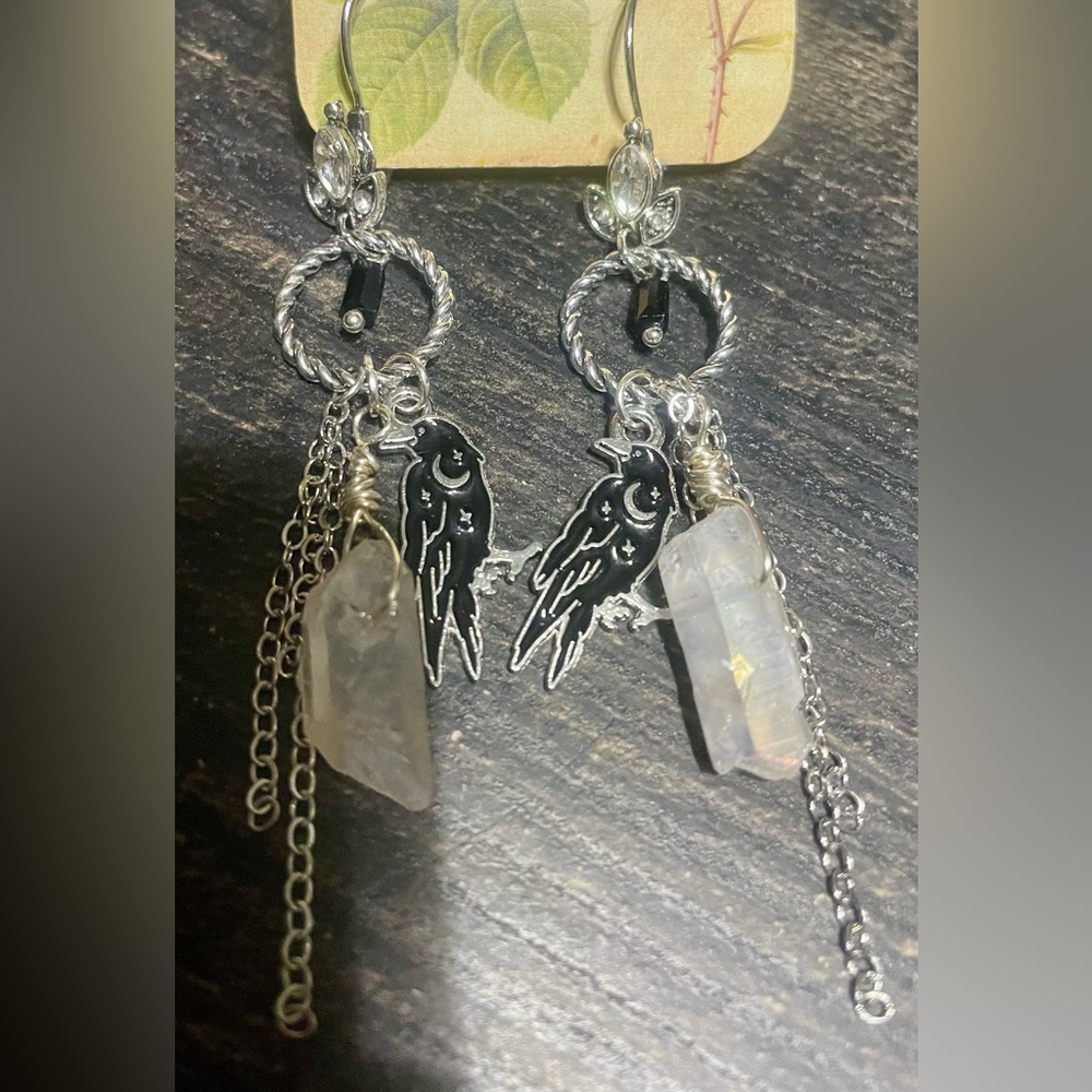 Silver and Black Raven Dangle Earrings - Picture 3 of 6